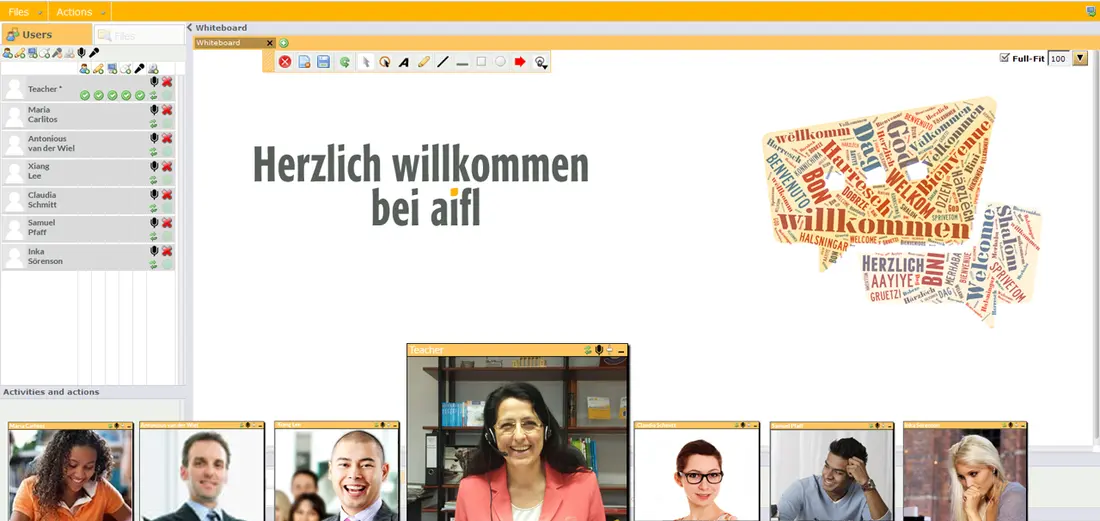 Bildschirmansicht des aifl virtuellen Klassenzimmers mit Lehrkraft und Lernenden im Videobild
